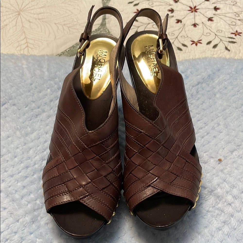 Michael Kors Brown Woven Leather Peep-Toe Heels